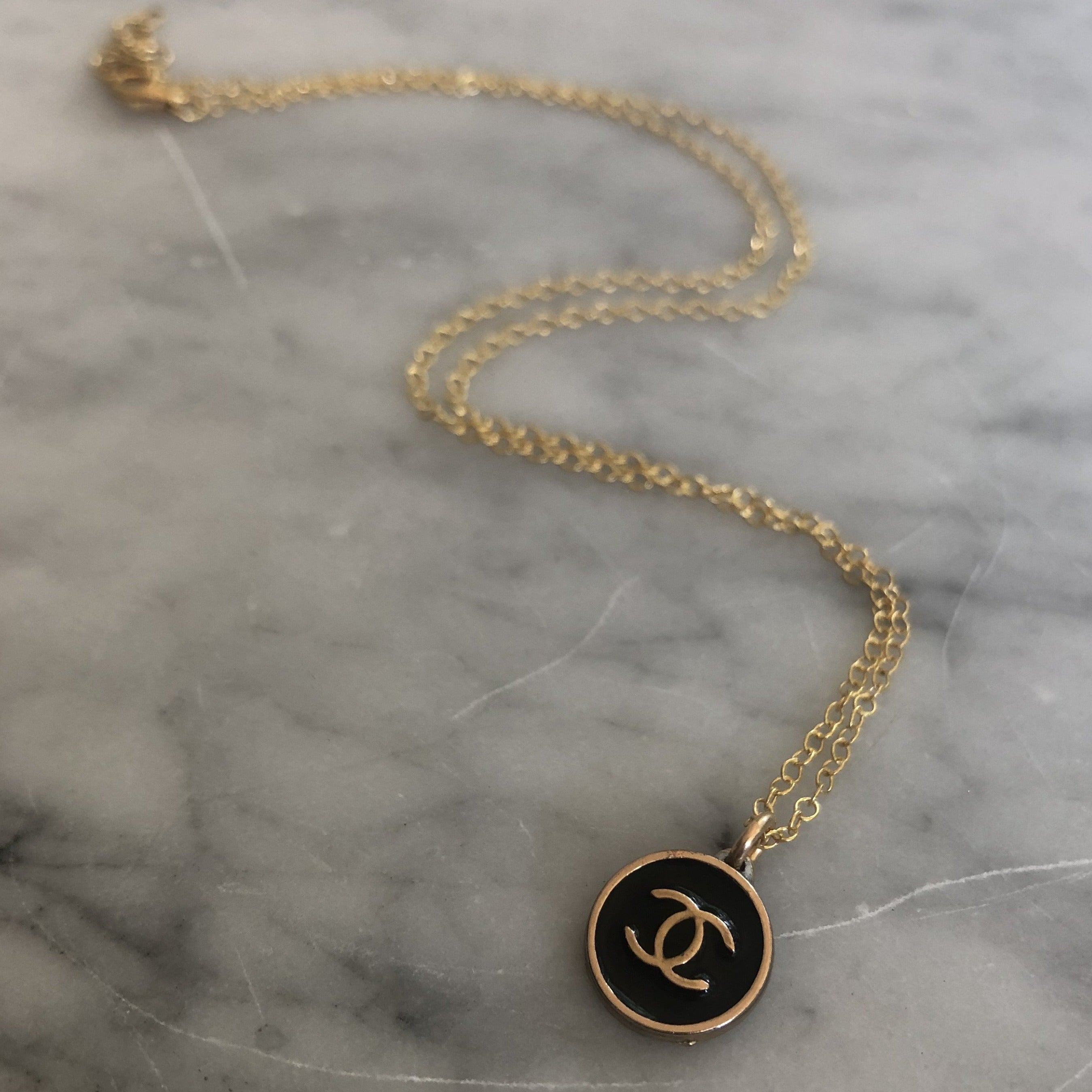 Tiny & Elegant Vintage Black and Gold Chanel Button Necklace