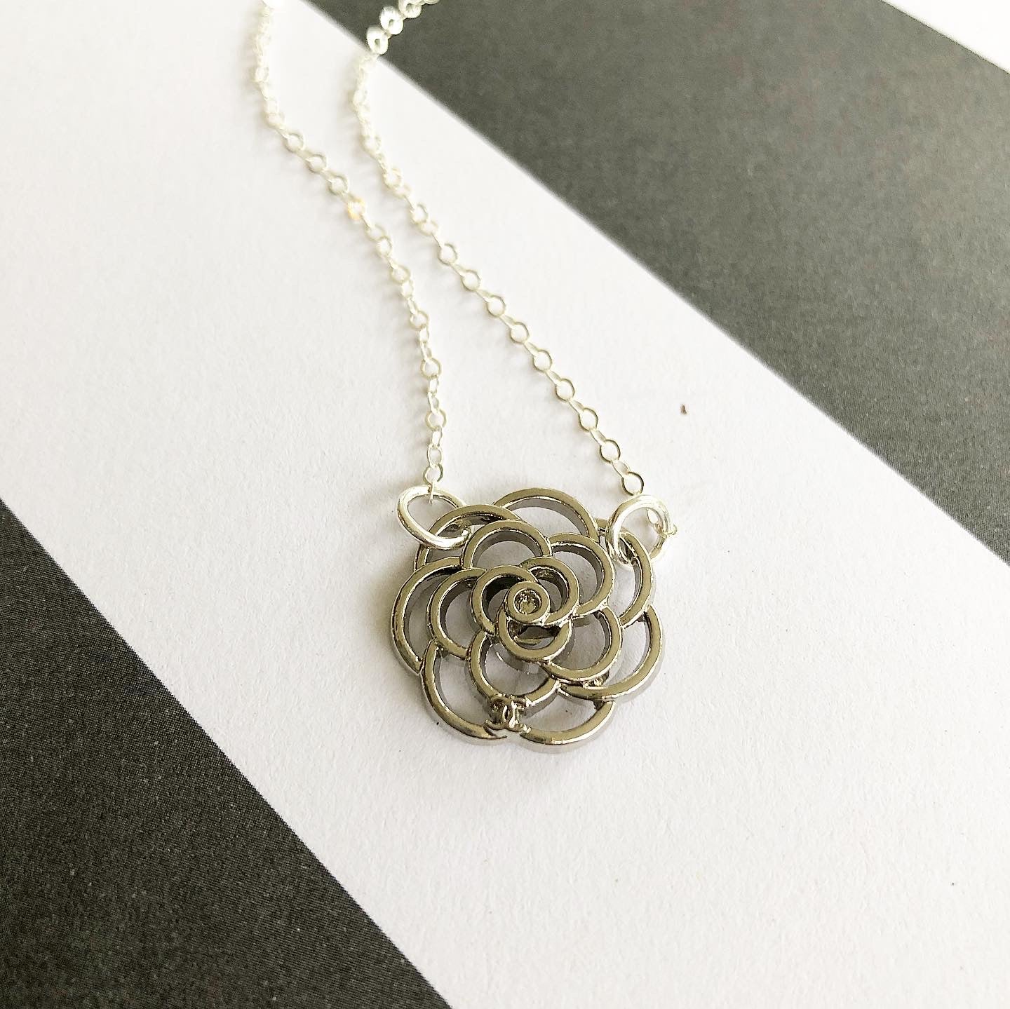 Silver Flower Chanel Button Necklace