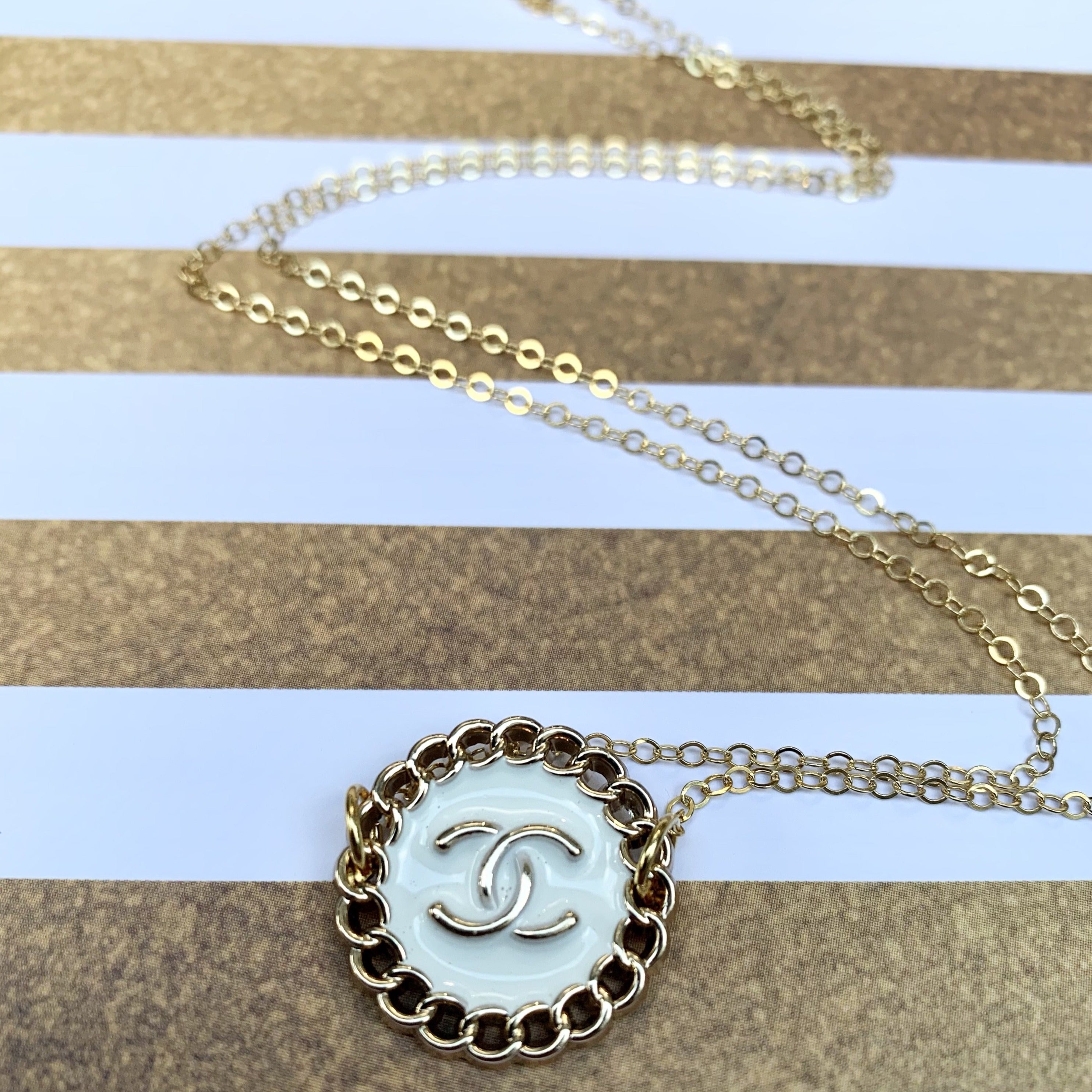 White Flower with Chanel Gold Logo Button Necklace
