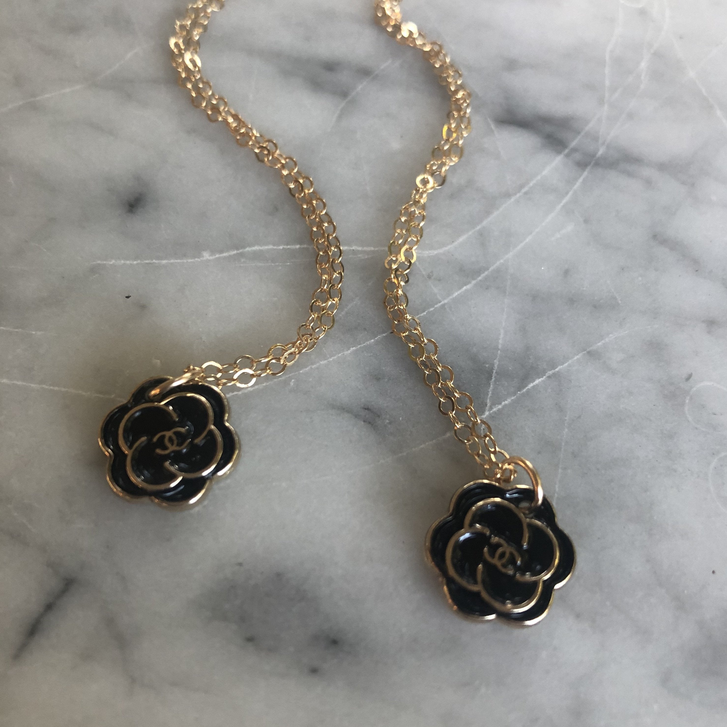 Small Gold and Black Chanel Flower Necklace